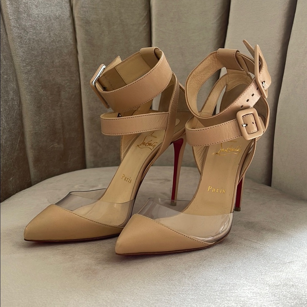 Christian Louboutin Tan Stiletto Heels with Ankle Strap